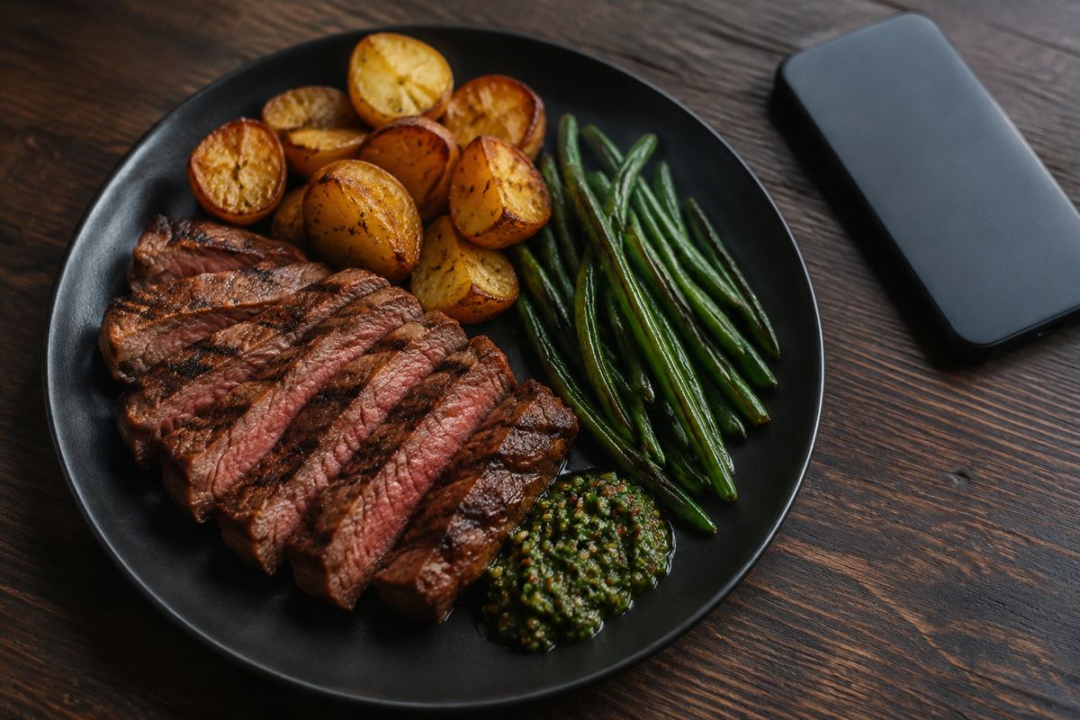 Sliced steak, roasted potatoes, green beans and chimichurri on a black plate, a phone face down at the table corner