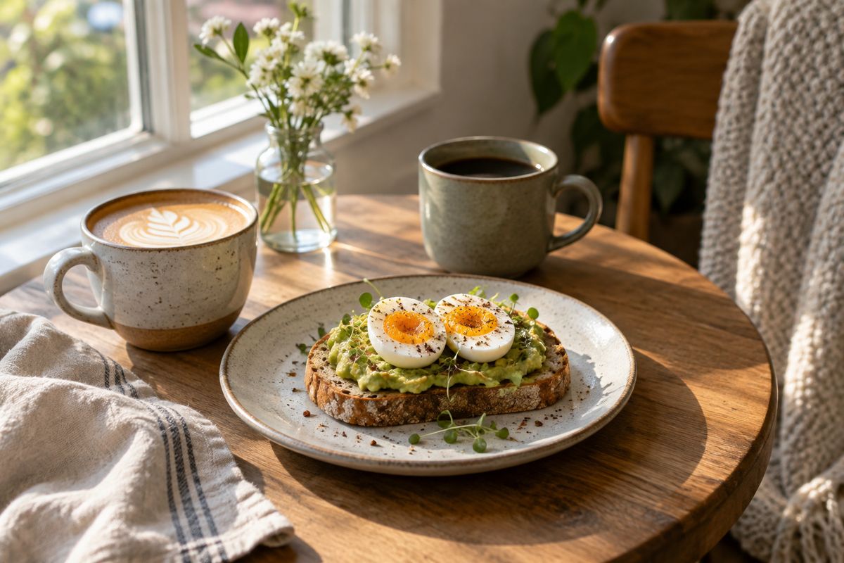 Two cups of coffee and a plate of avocado toast with a halved boiled egg on a round wooden table by a sunny window.