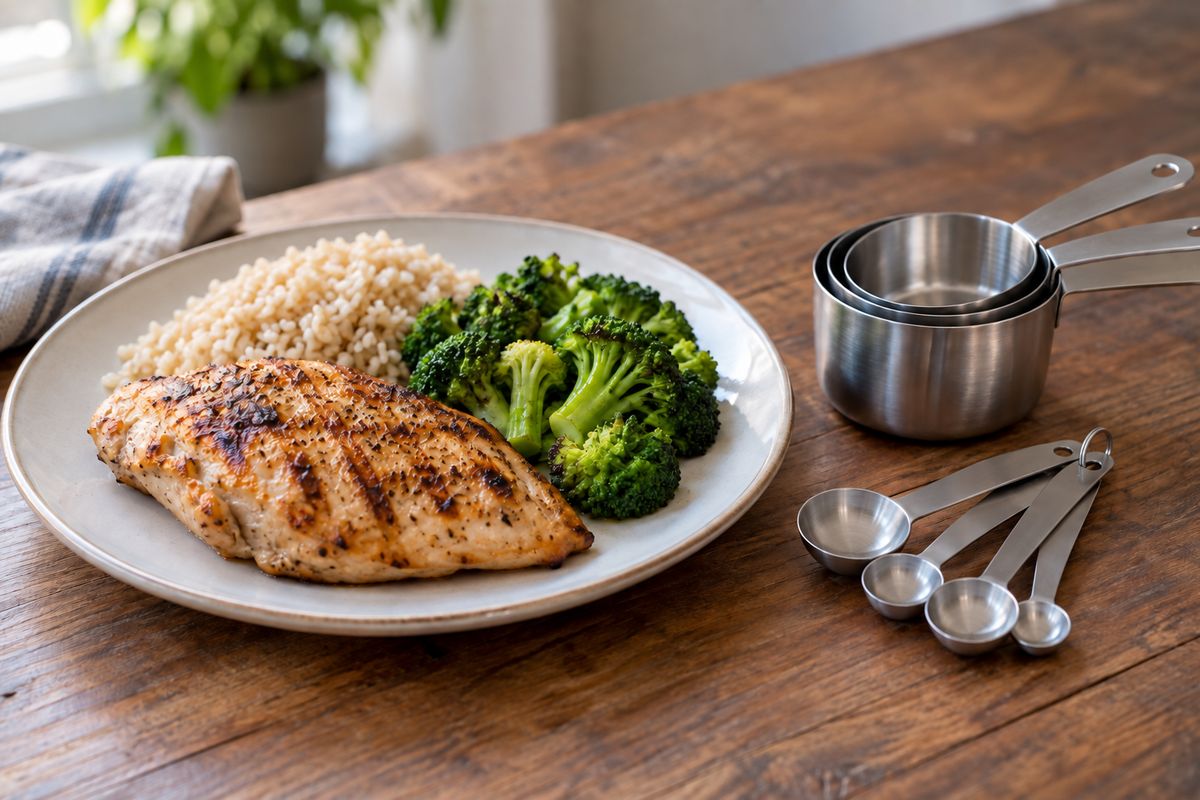 Un plato de pechuga de pollo a la plancha con arroz y brócoli sobre una mesa de madera, junto a tazas y cucharas medidoras de acero.