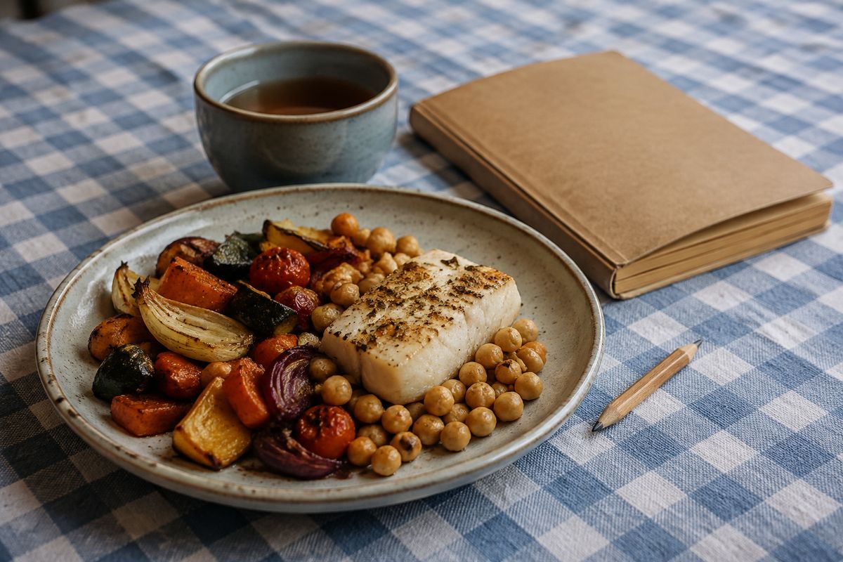 Baked cod with roast vegetables and chickpeas on a checked cloth beside a closed notebook, a short pencil and tea