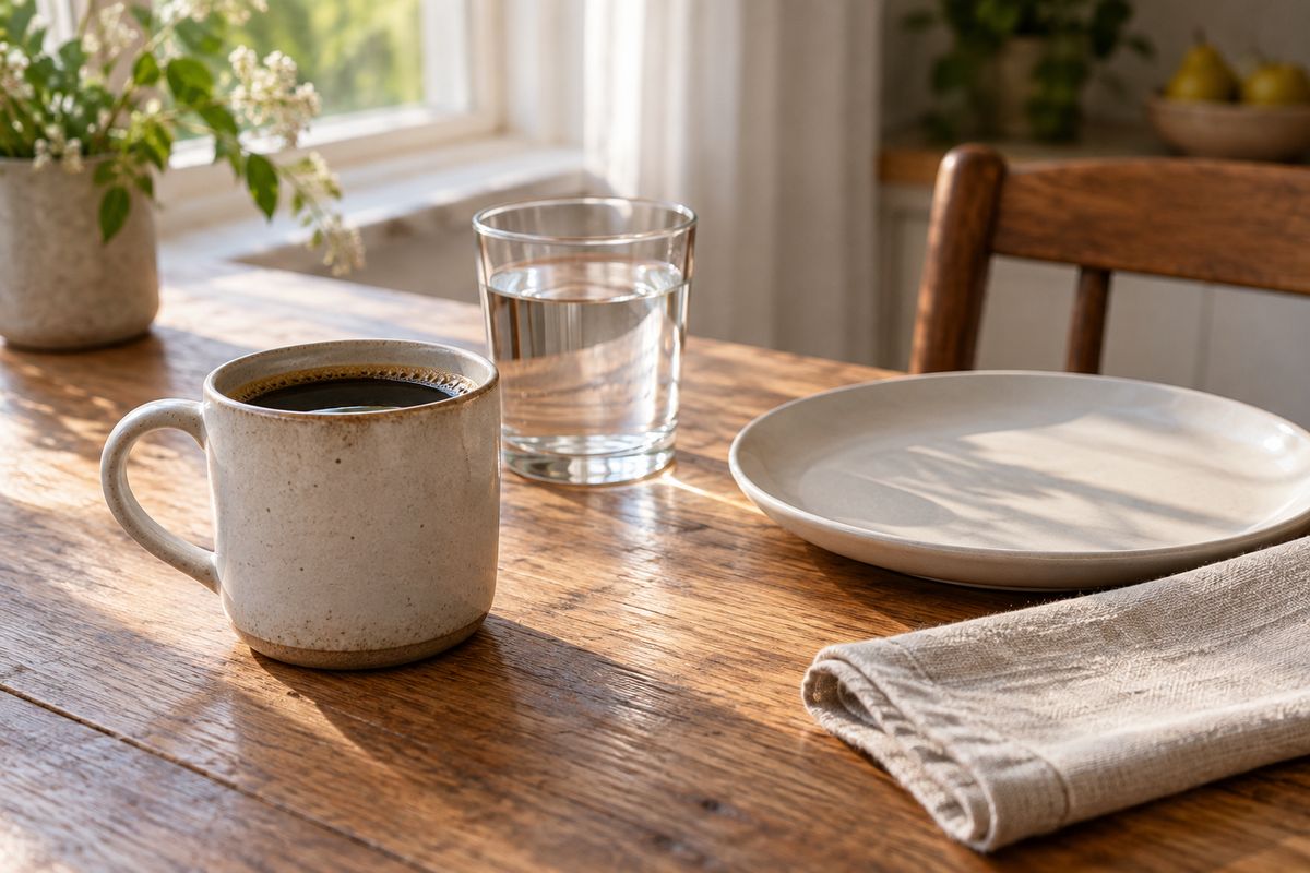 Taza de café negro, vaso de agua y plato vacío con una servilleta de lino doblada sobre una mesa de madera por la mañana
