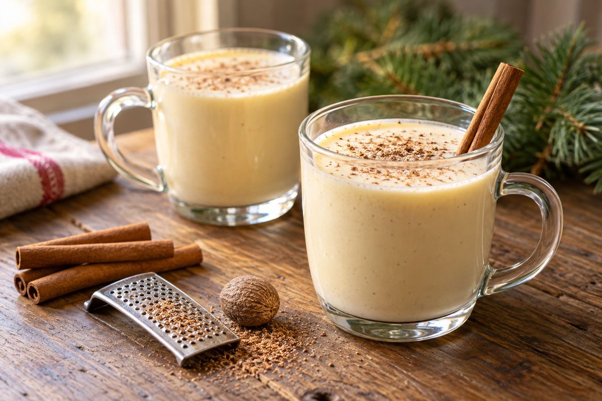 Two glass mugs of eggnog dusted with grated nutmeg beside cinnamon sticks, a whole nutmeg and a small grater