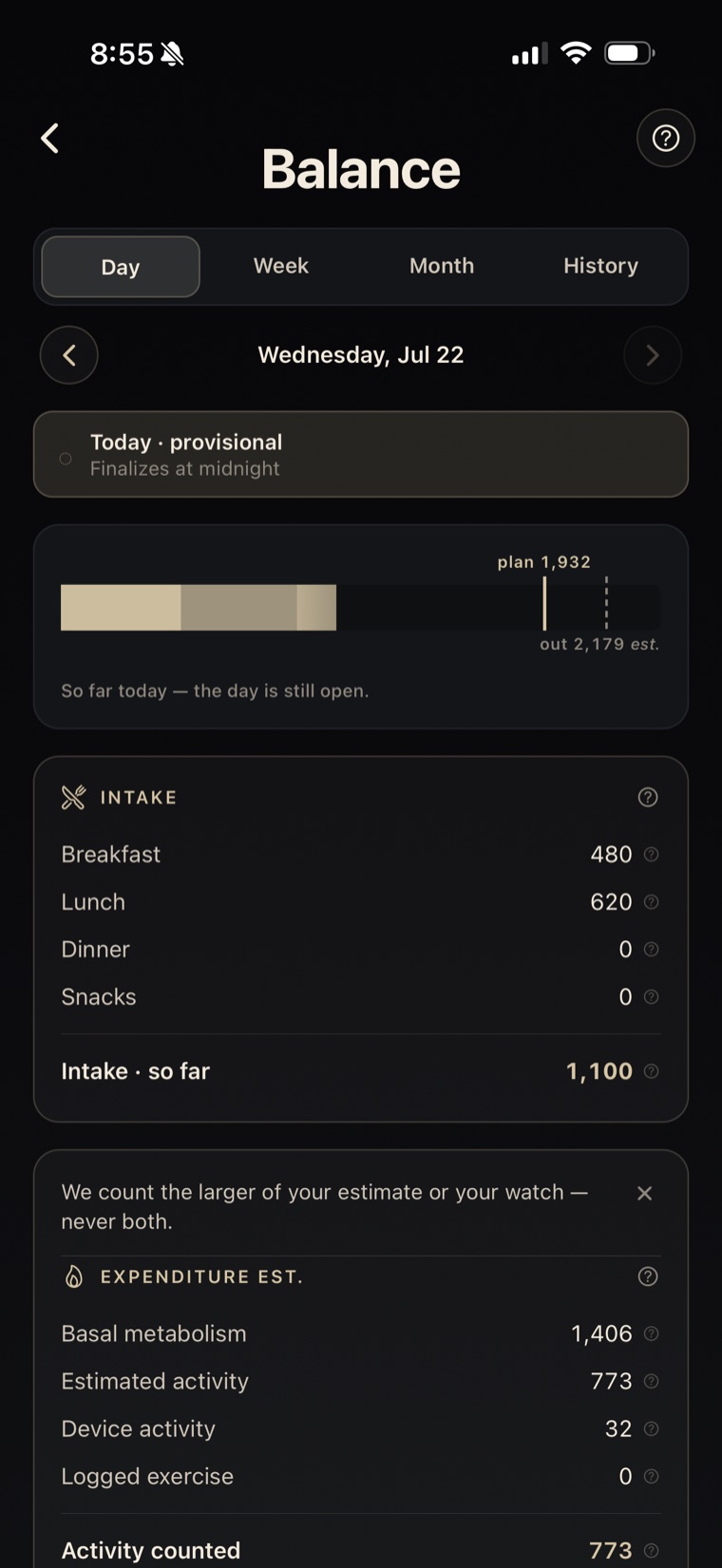 Day view in PlateLens Balance showing a ledger bar: meals composing calories in on one side, basal metabolism plus counted activity composing calories out on the other