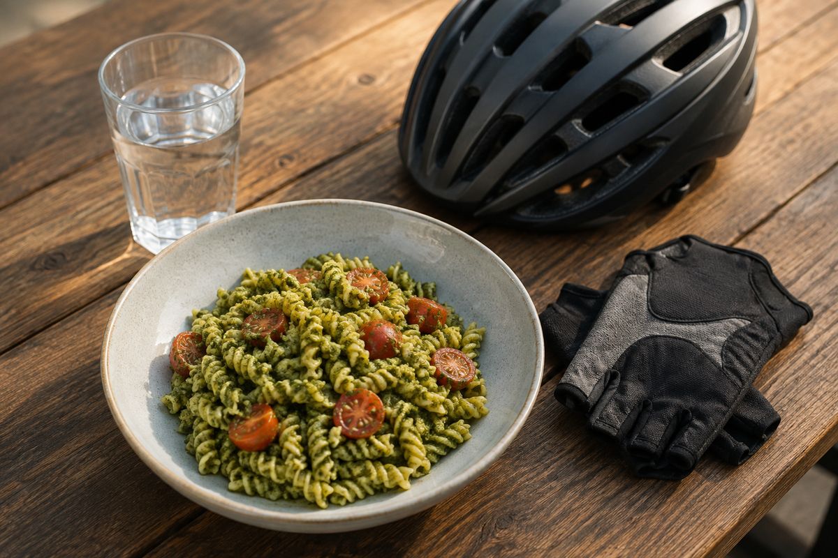 A bowl of pesto pasta with cherry tomatoes, a glass of water, a bicycle helmet and cycling gloves on a wooden table
