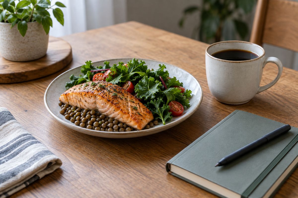Salmon, lentils and leafy greens beside a cup of black coffee and a closed notebook on a wooden table
