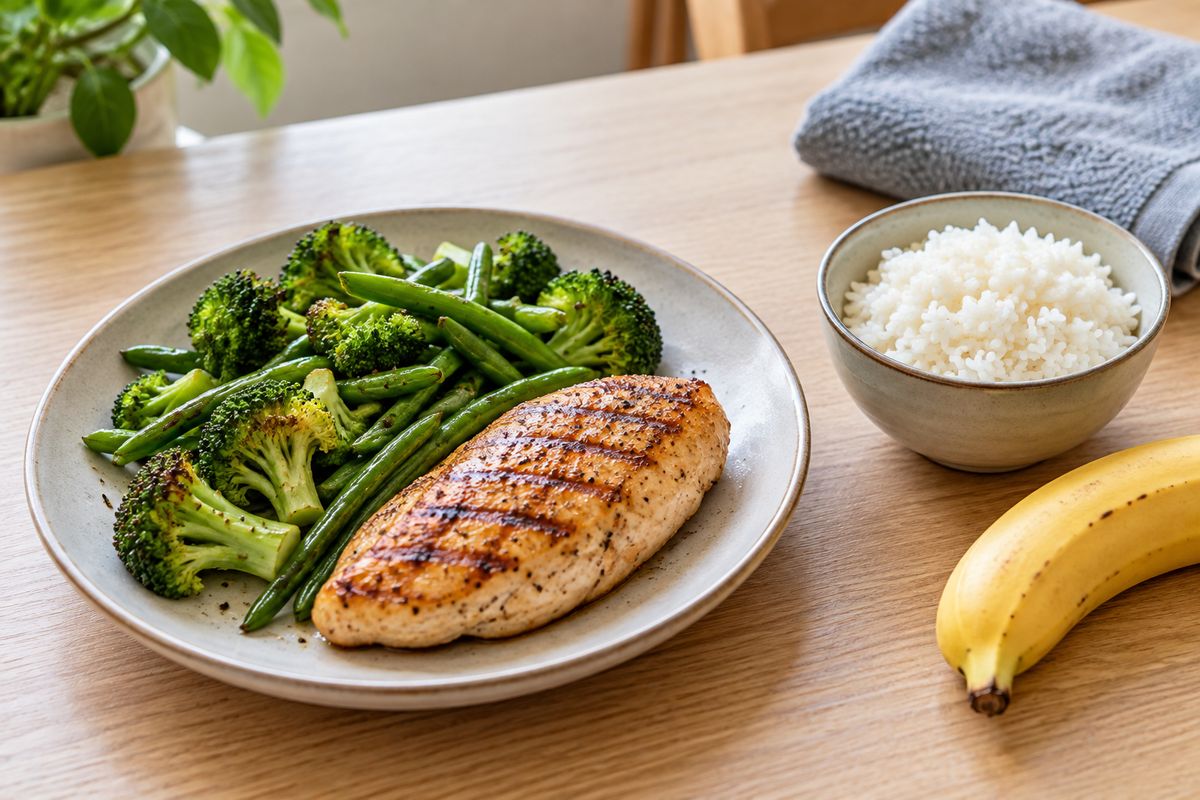 Grilled chicken and green vegetables with a separate bowl of rice, banana and exercise towel on a table