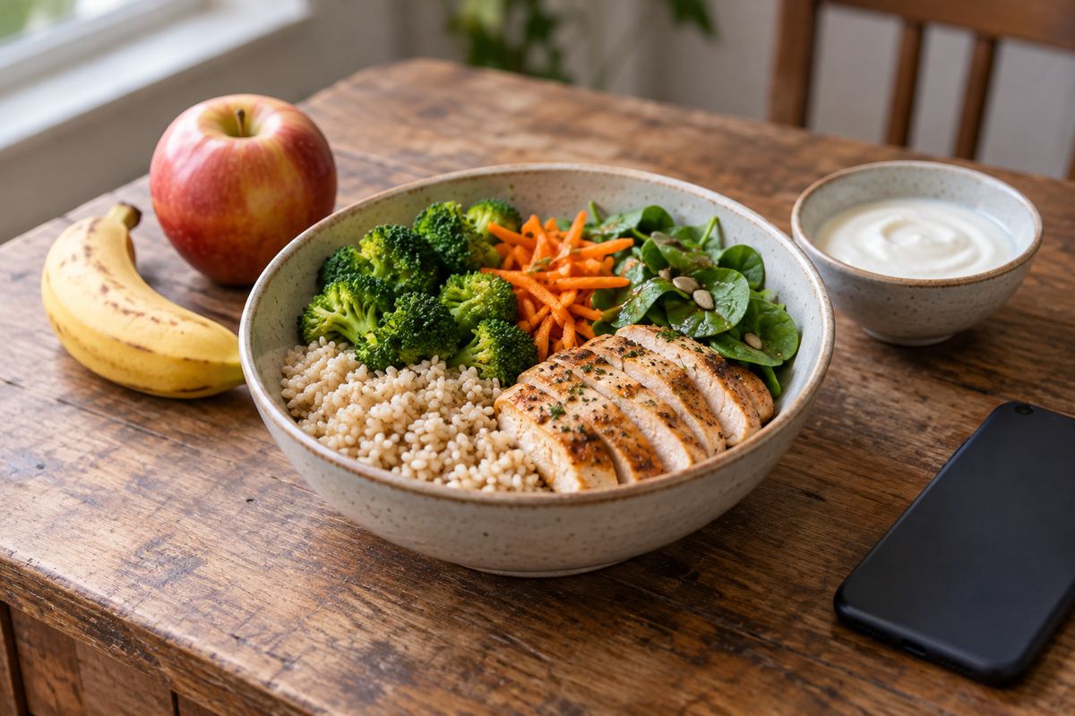 Bol de pollo, cereales y verduras junto a una manzana, un plátano, yogur natural y un móvil boca abajo.