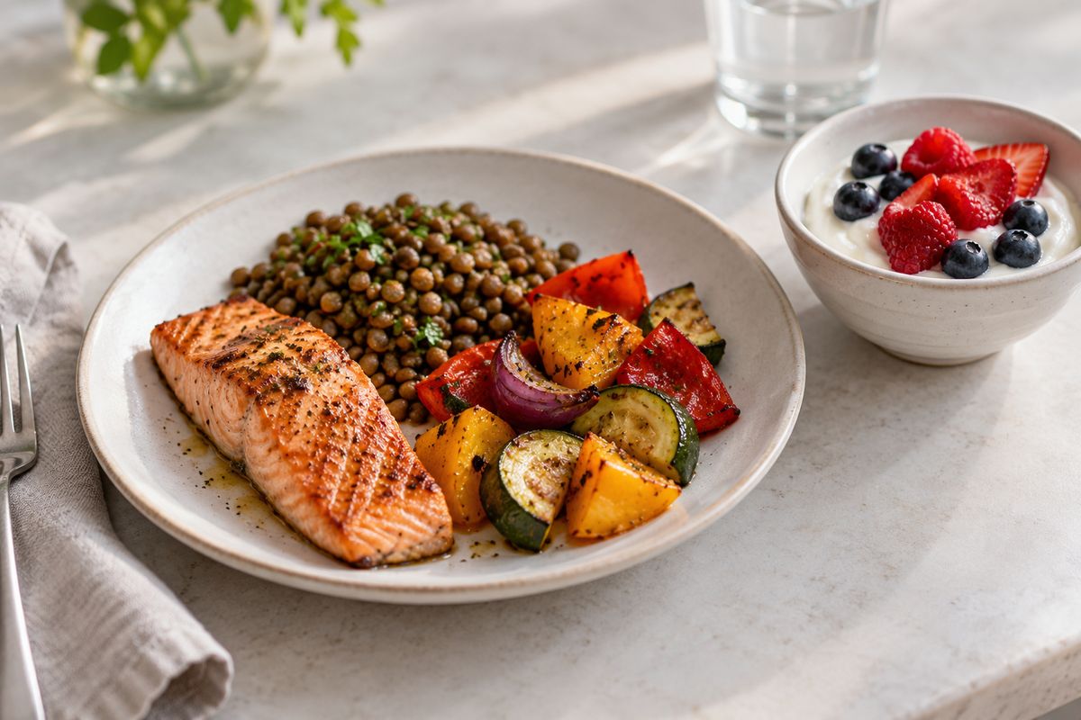 Un plato pequeño con salmón a la plancha, lentejas y verduras asadas junto a un bol de yogur griego con frutos rojos