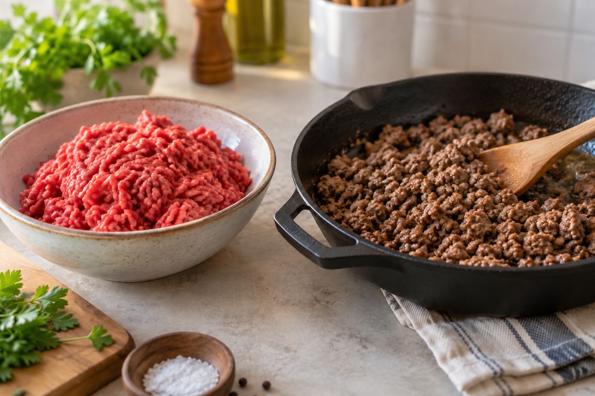 A bowl of raw lean ground beef next to a cast-iron skillet of browned ground beef crumbles with a wooden spoon