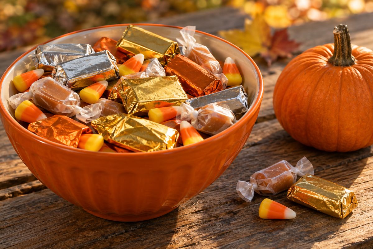 An orange ceramic bowl of foil-wrapped mini chocolate bars, wrapped caramels and candy corn beside a small pumpkin
