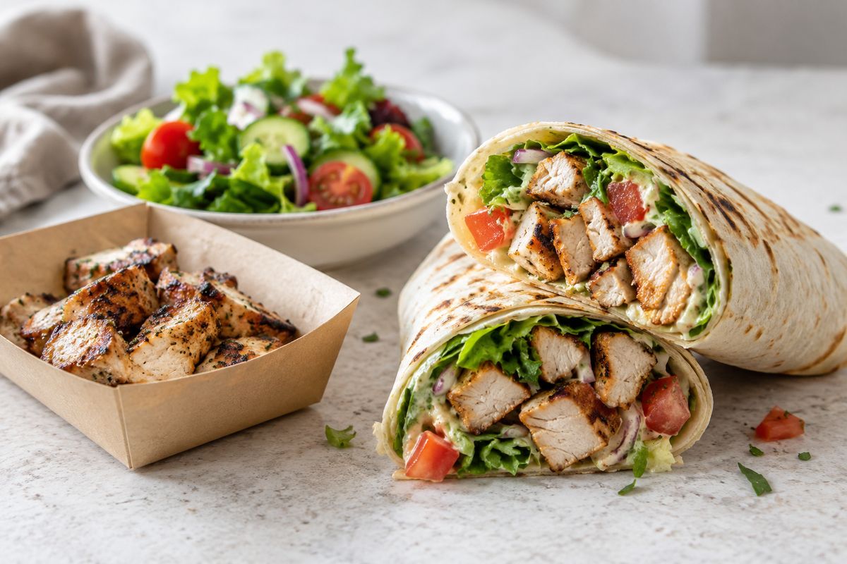 Un wrap de pollo a la parrilla cortado por la mitad junto a una bandeja de papel con pollo y una ensalada