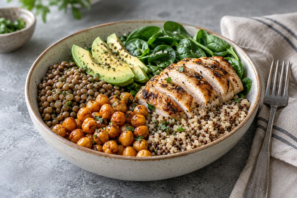 A grain bowl of lentils, roasted chickpeas, sliced grilled chicken, avocado, quinoa and spinach on a grey stone table
