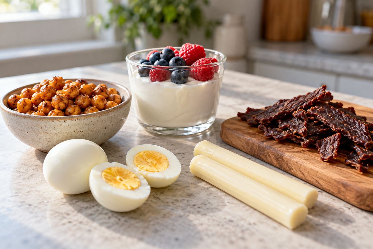Roasted chickpeas, two hard-boiled eggs, Greek yogurt with berries, string cheese and beef jerky on a kitchen counter