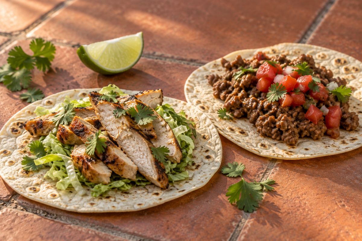 Two open soft tortillas on terracotta tile, one filled with grilled sliced chicken and lettuce, the other with seasoned beef and diced tomato, a lime wedge alongside.