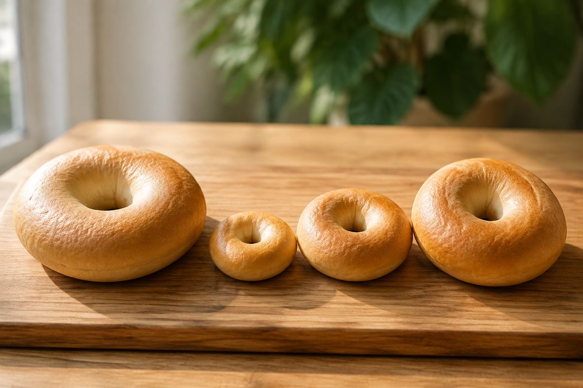 Four plain bagels of different diameters arranged on a wooden board in soft morning daylight