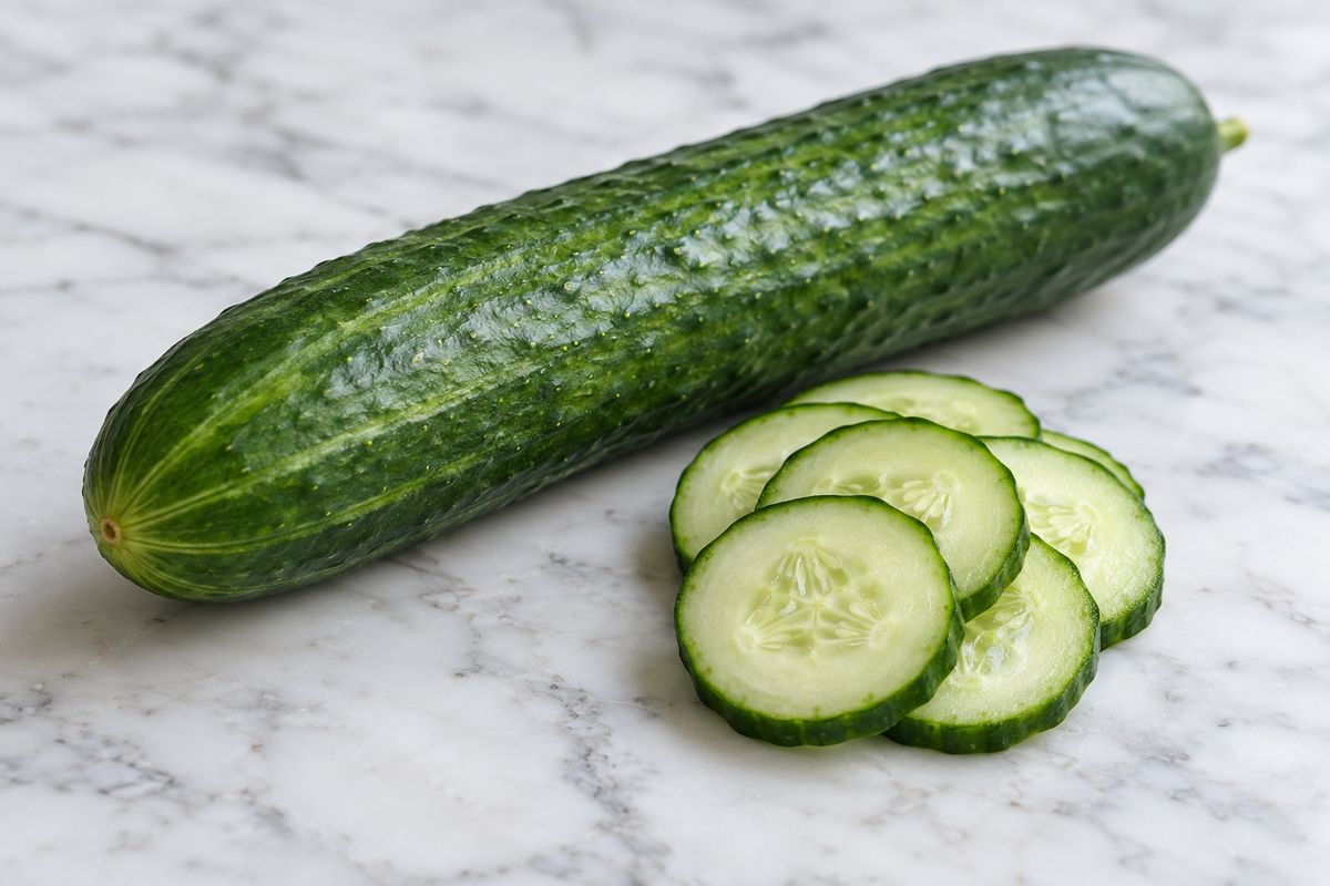 A long cucumber beside a small pile of thin cucumber slices on a pale marble surface.