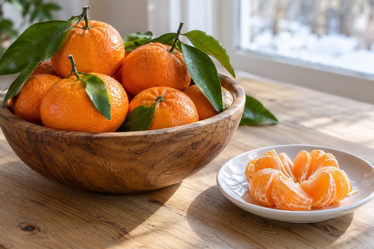 A wooden bowl of mandarins with green leaves and a white plate of peeled mandarin segments on a kitchen table.