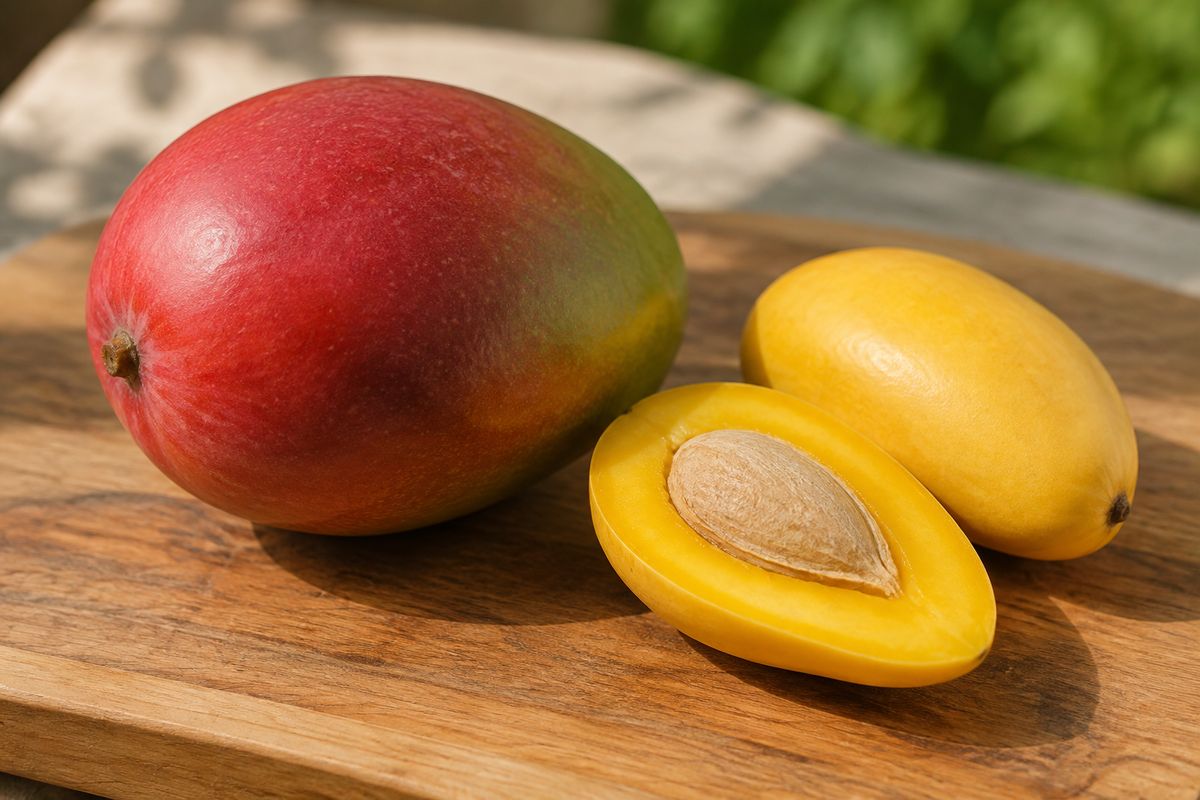 A large red and green mango beside small golden mangoes on a wooden board, one cut open to show the stone