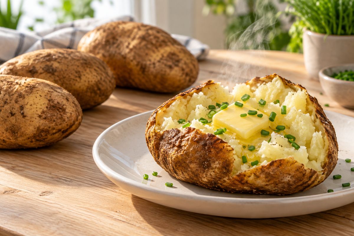 A halved baked russet potato with a melting pat of butter and chopped chives on a plate, whole russets behind it