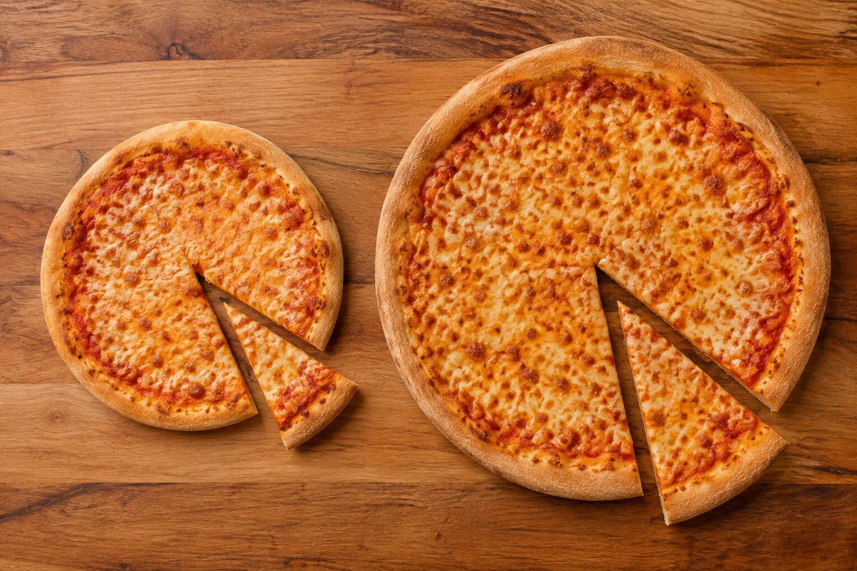 Dos pizzas de queso de distinto tamaño una junto a otra sobre una tabla de madera, cada una con una porción separada