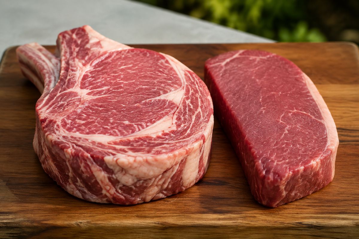 A marbled bone-in rib eye and a leaner top sirloin steak side by side on a wooden board in daylight