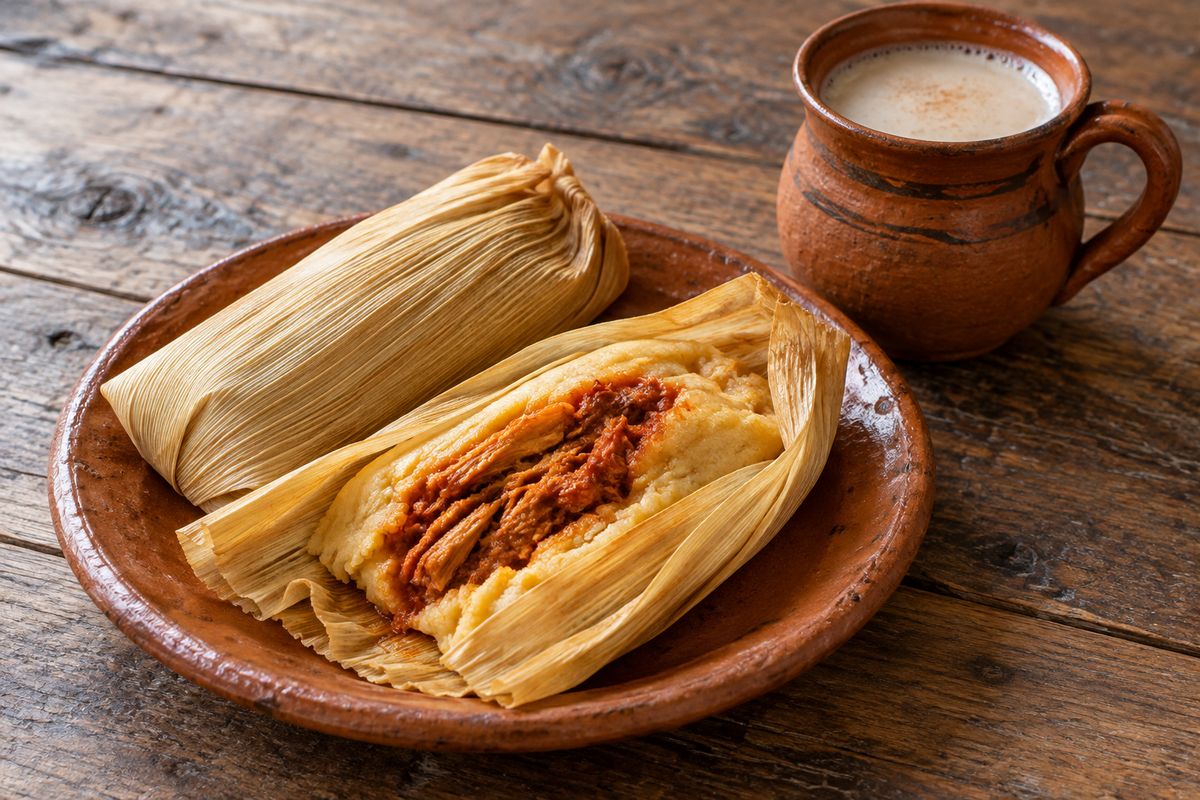Dos tamales en hoja de maíz sobre un plato de barro, uno abierto con relleno de cerdo en chile rojo, junto a un jarro de atole