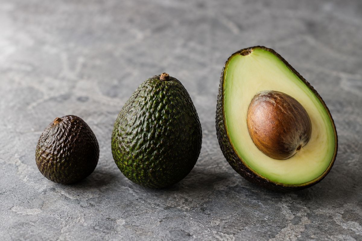 Three avocados of visibly different sizes on grey stone, one halved with the stone still in place.