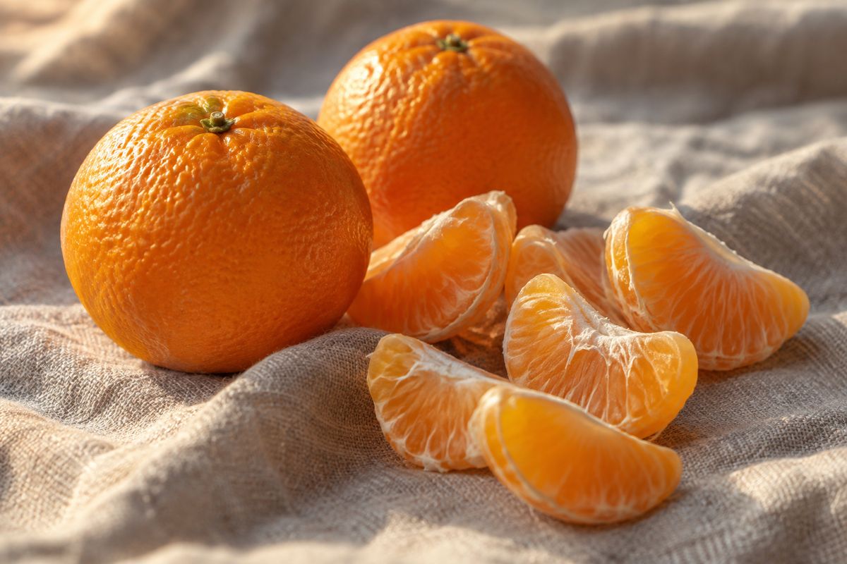 Two whole oranges and one peeled orange separated into segments on a linen cloth.