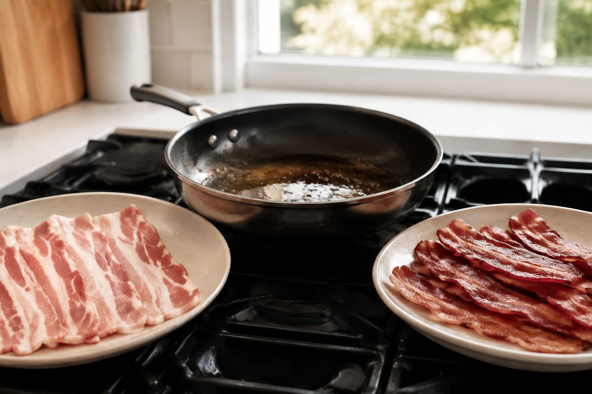 Raw bacon rashers and cooked bacon on separate plates beside a pan of rendered fat in a bright kitchen