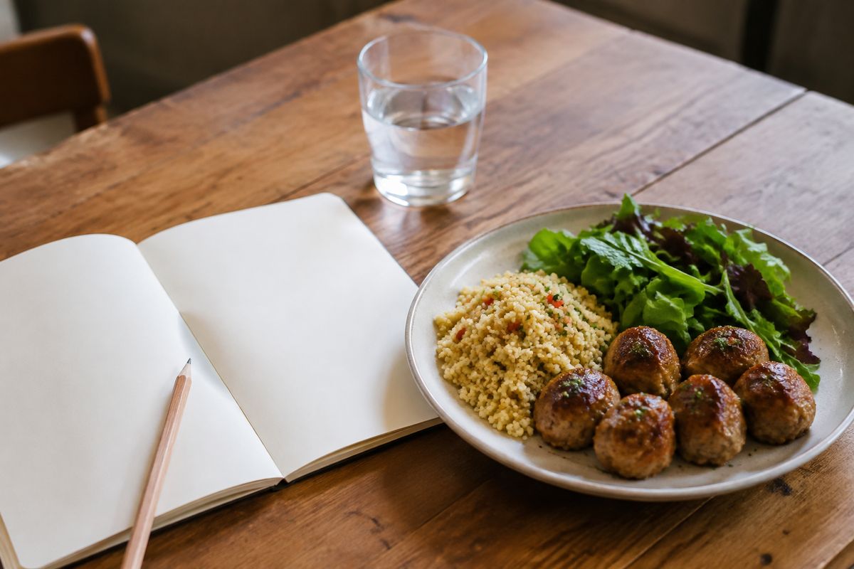 Turkey meatballs, couscous and green salad on a plate beside an open blank notebook, a pencil and a glass of water