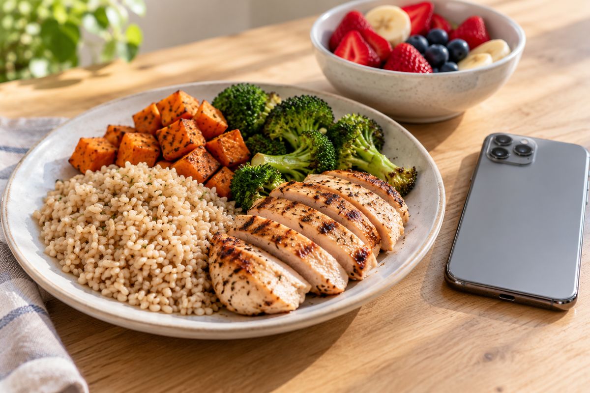 Un plato de arroz integral, camote asado, pollo a la plancha y brócoli, un bol de frutos rojos y un teléfono boca abajo