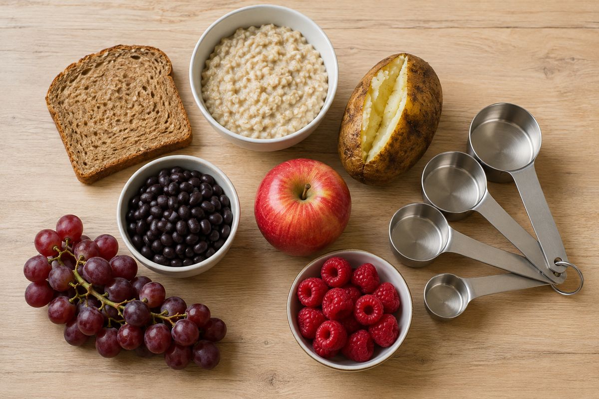 Pan integral, avena, una papa asada, frijoles negros, una manzana, uvas y frambuesas junto a tazas medidoras