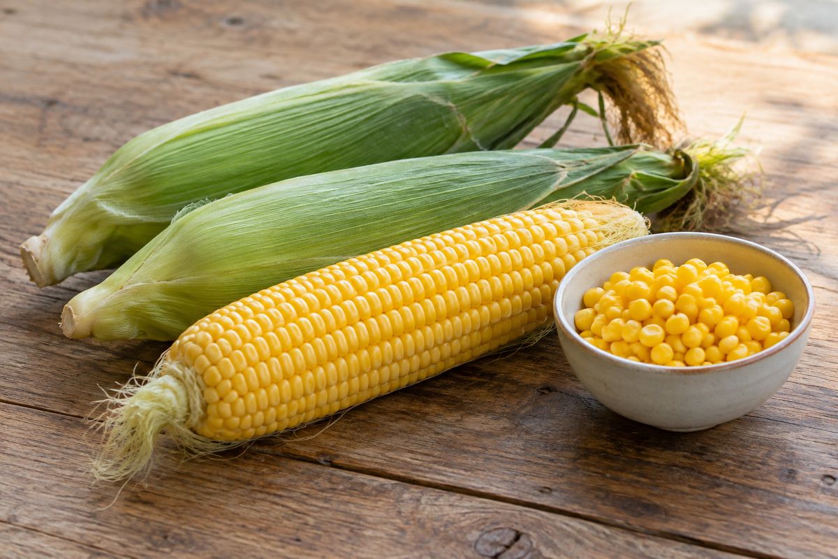 Three ears of sweet corn on a wooden table, one husked, beside a small bowl of cooked kernels.