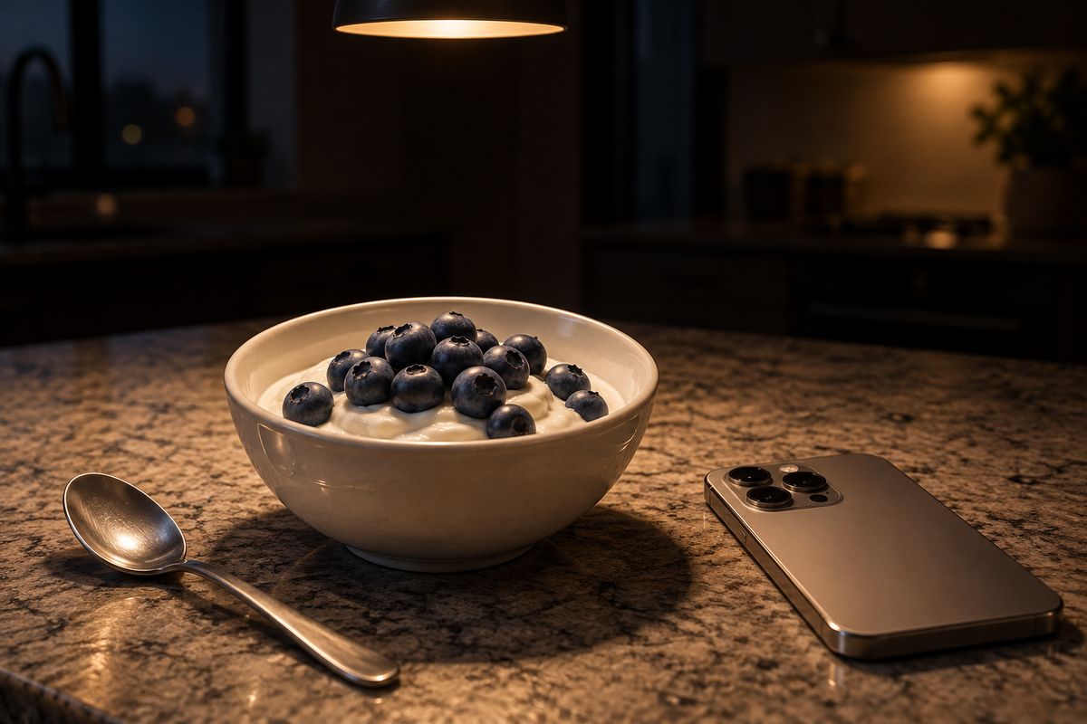 Un bol de yogur griego con arándanos, una cuchara y un teléfono boca abajo en la encimera de una cocina, de noche