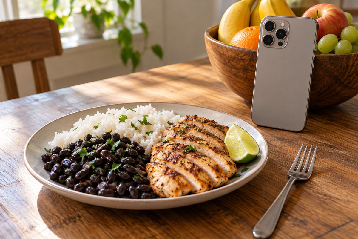 Plate of white rice, black beans and sliced grilled chicken with lime, a phone propped against a fruit bowl behind