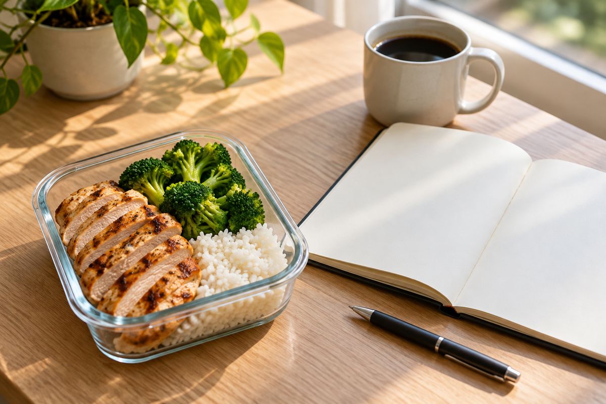A glass meal-prep box of sliced grilled chicken, rice and broccoli beside an open blank notebook, a pen and black coffee
