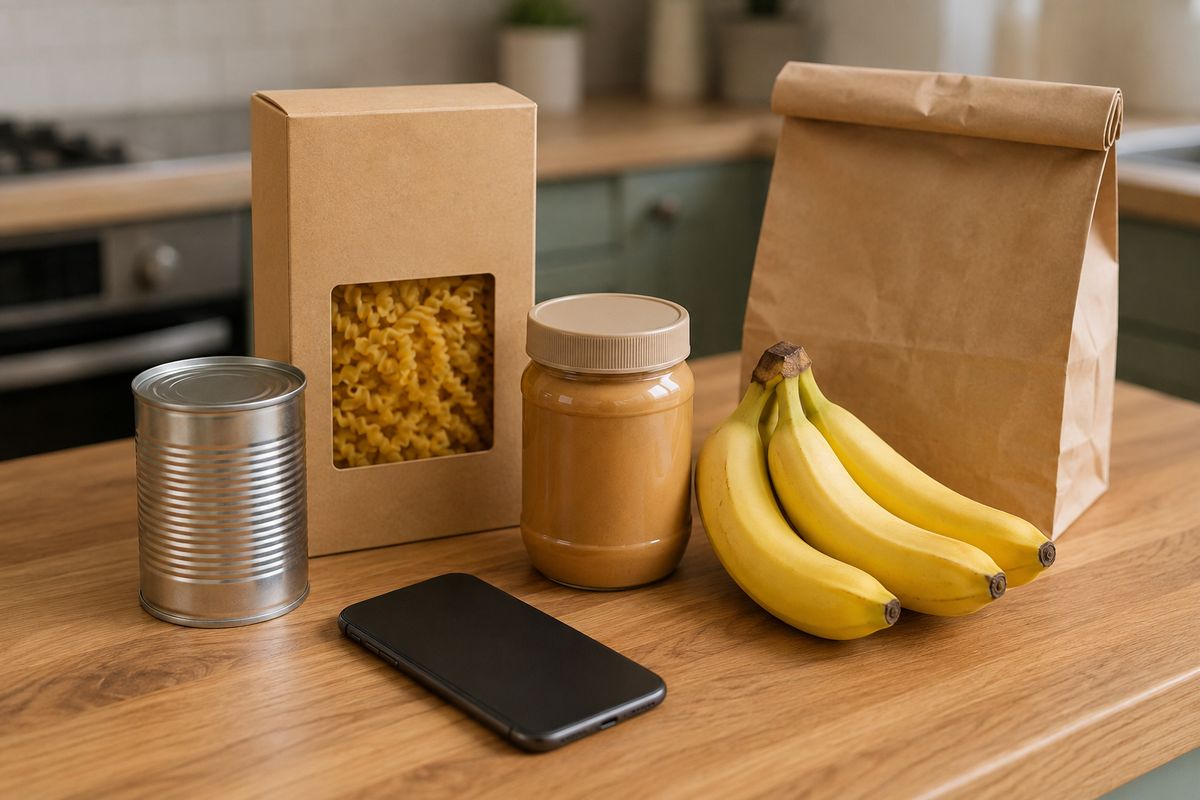 Unpacked groceries on a counter: an unlabelled can, a box of pasta, peanut butter, bananas, a paper bag and a phone face down
