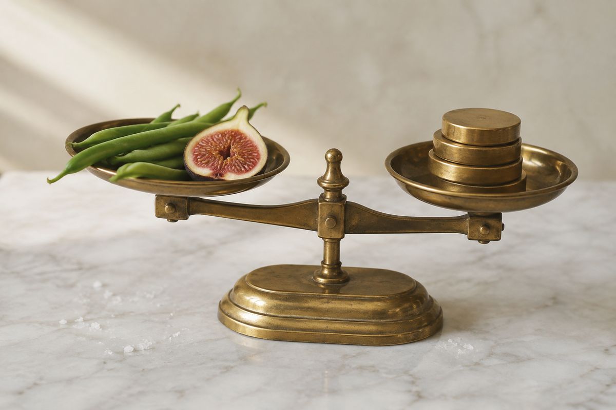 A brass two-pan kitchen balance on a marble counter, green beans and a halved fig in one pan, plain brass weights in the other.