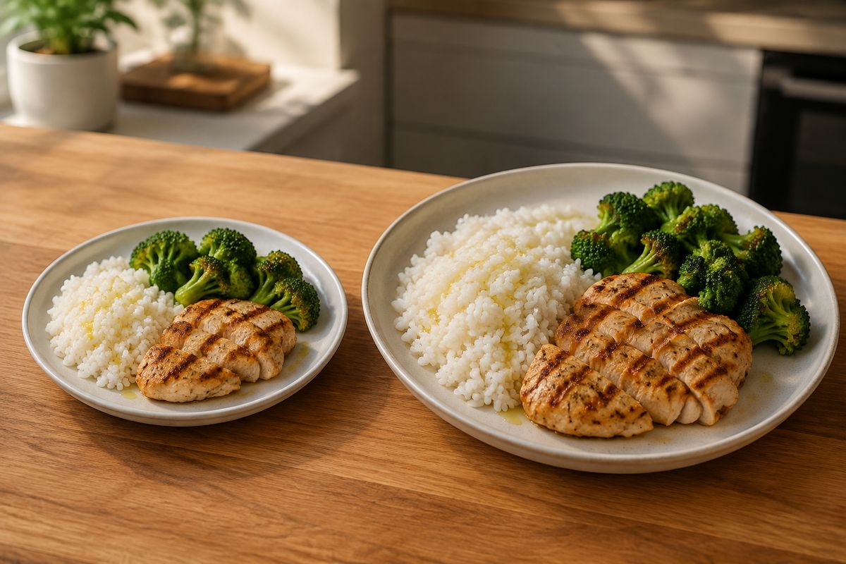 Two plates of grilled chicken, white rice and broccoli, with a modest portion beside a visibly larger meal