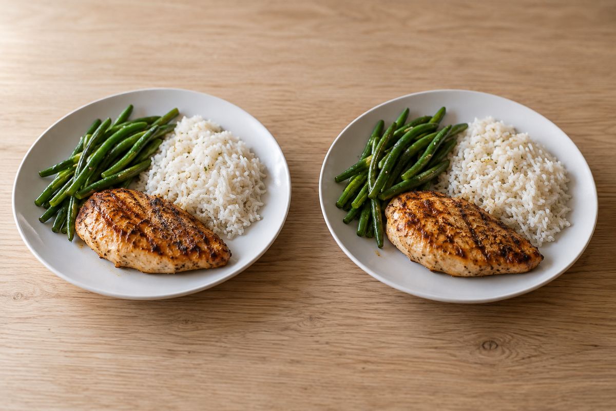 Two identical plates of grilled chicken with rice and green beans side by side on oak, each lit from a different side.