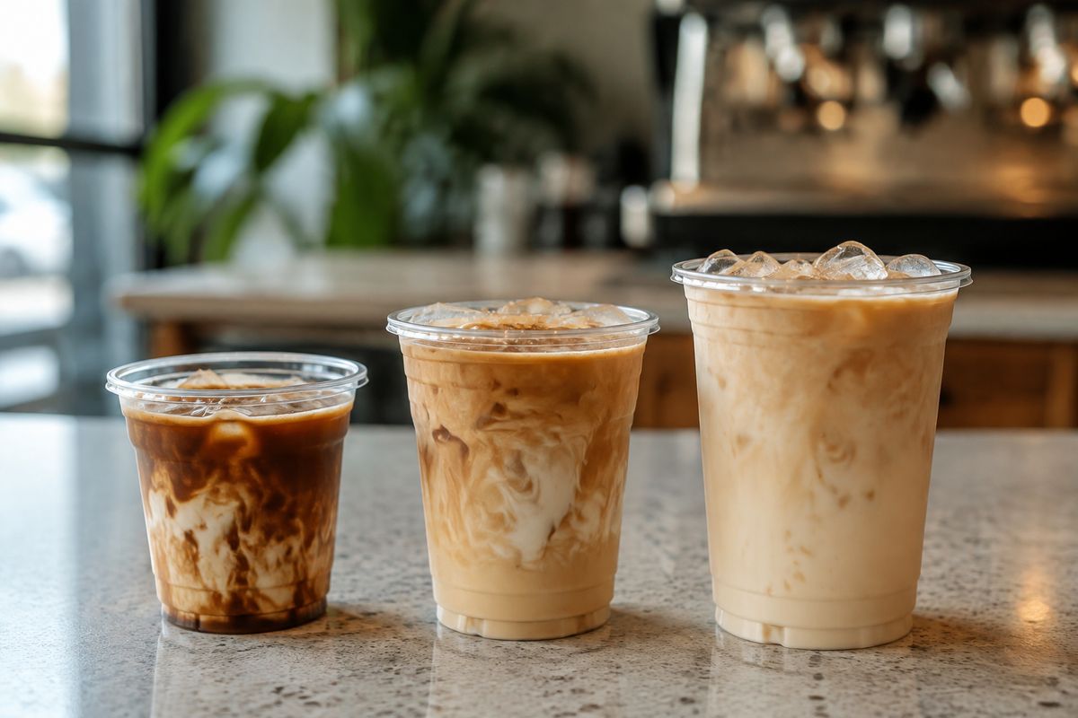 Tres cafés con hielo en vasos transparentes sin marca y de distintos tamaños, con leche mezclándose en el café