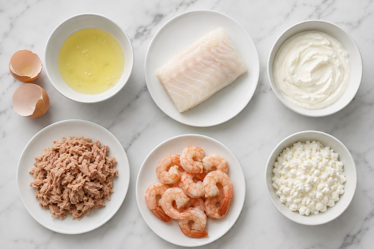 Egg whites in a bowl, a cod fillet, Greek yogurt, tuna, shrimp and cottage cheese laid out on white marble