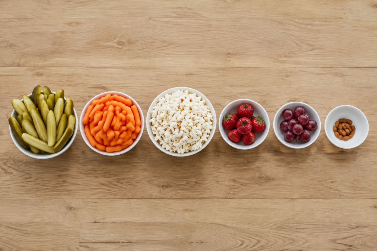 Small bowls in a row with different amounts of pickles, baby carrots, popcorn, strawberries, grapes and a few almonds