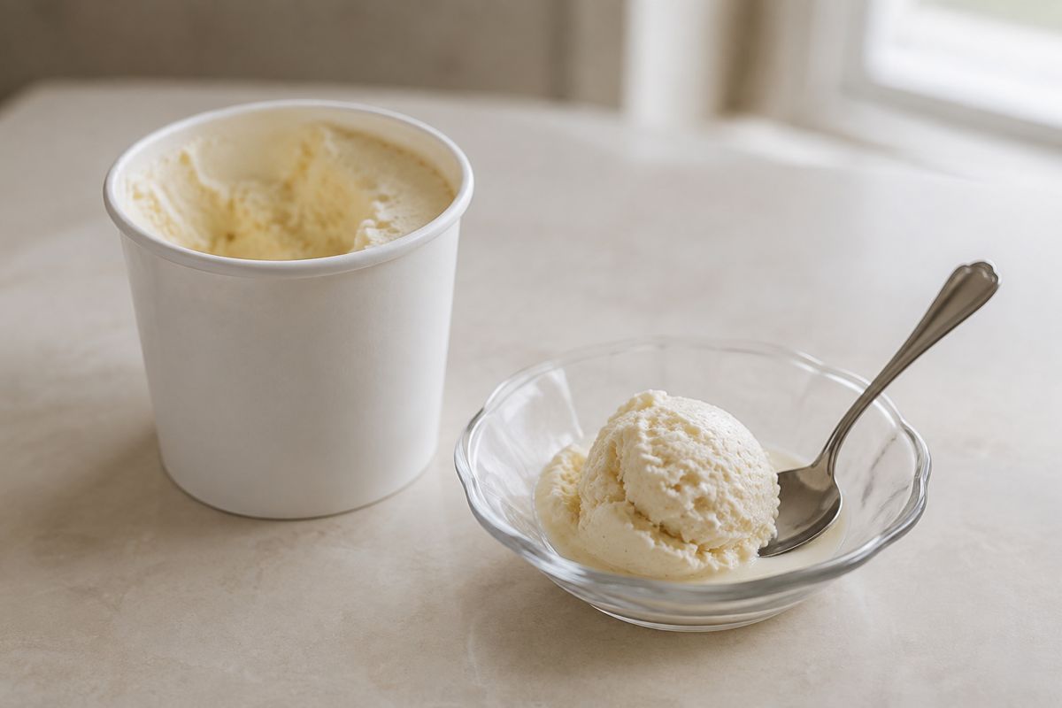 Un envase blanco de helado a medio comer junto a un platito con una sola bola de vainilla y una cuchara