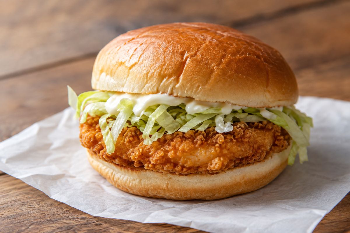 A breaded chicken patty sandwich with shredded lettuce and mayonnaise on a soft bun, on plain paper on a wooden table.