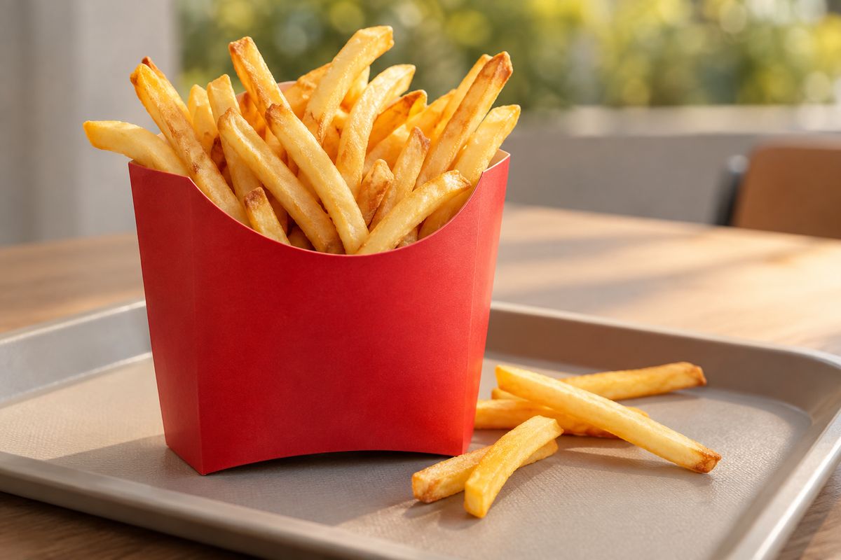 A plain red carton of thin golden french fries on a tray, with a few fries spilled beside it.