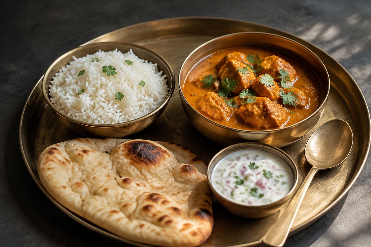 Curry de pollo, arroz basmati, naan y raita en una bandeja de latón con una cuchara de latón en una mesa oscura