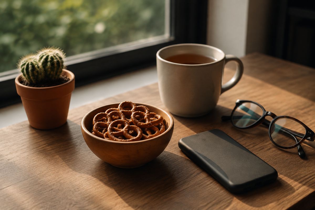 A bowl of pretzels, a mug of tea, a phone face down, reading glasses and a small cactus on a desk by a window