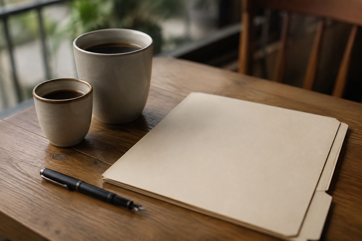 A large and a small coffee cup close together on a café table beside a closed manila folder and a fountain pen
