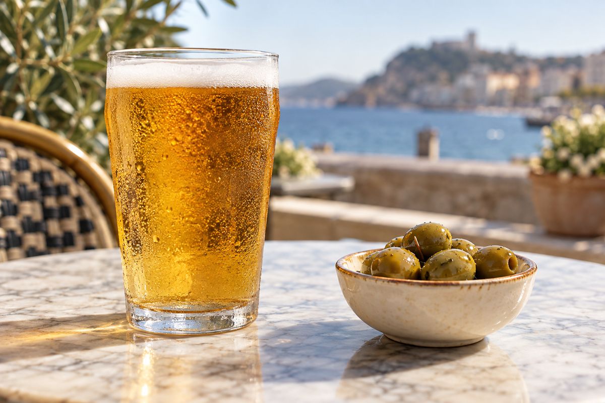 A cold glass of amber beer with a white head beside a bowl of green olives on a marble café table by the sea